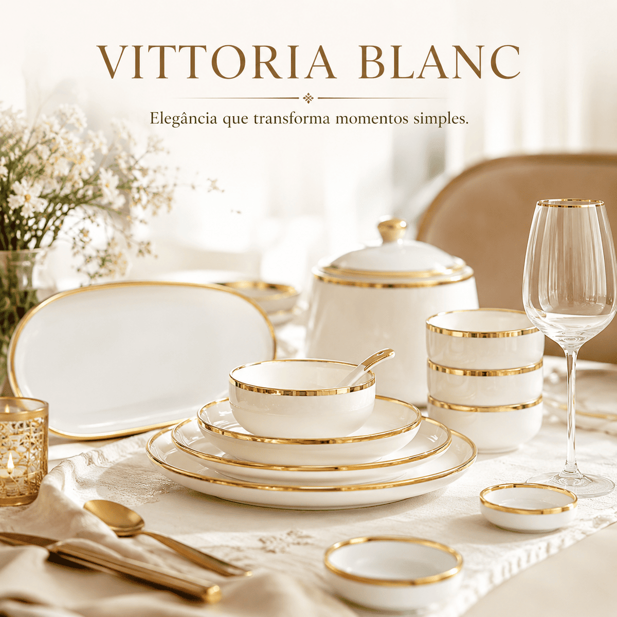 Vittoria Blanc™ — Jogo de Jantar em Porcelana | Luxo Dourado