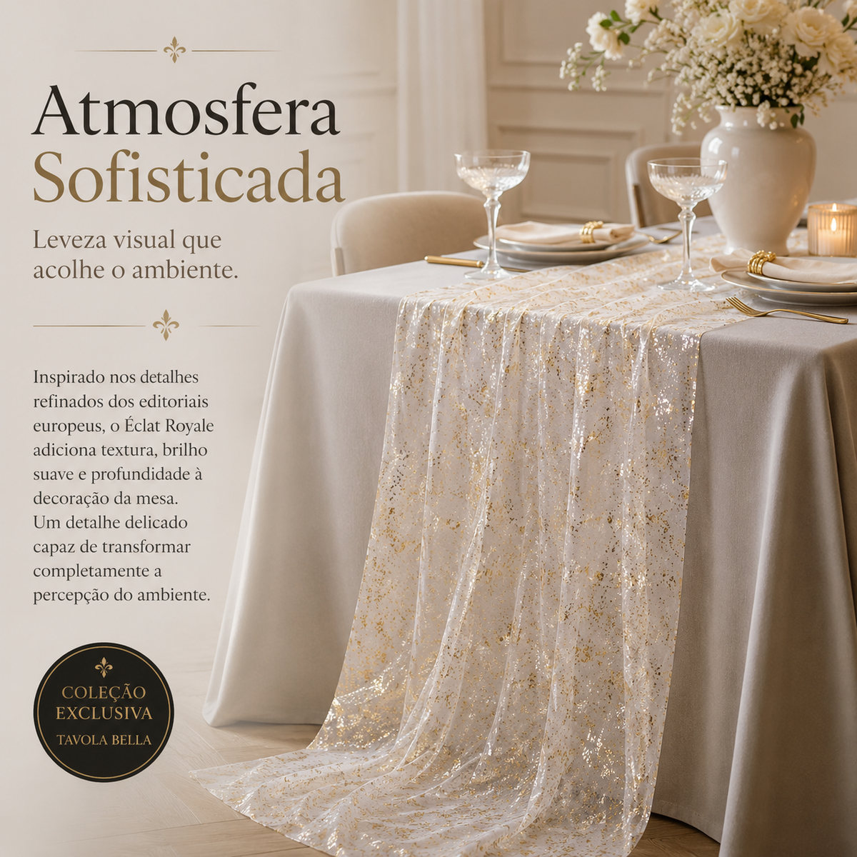 Caminho de mesa em Organza Dourado | Éclat Royale