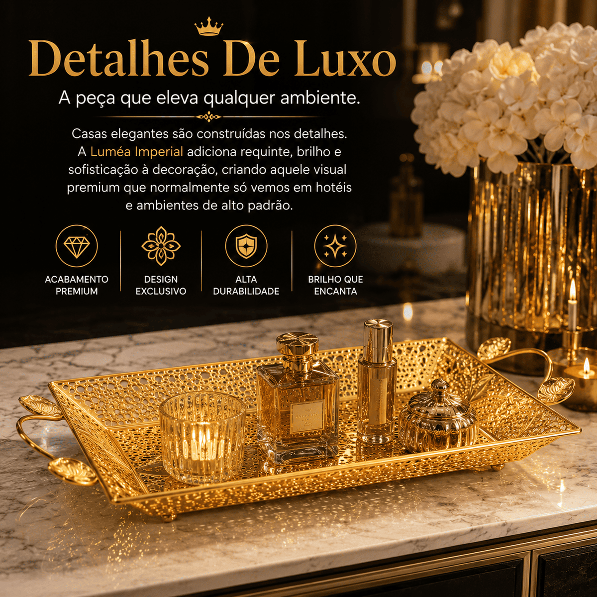 Luméa Imperial™ | Bandeja Decorativa Luxo Dourada Europeia Para Mesa Posta, Frutas e Decoração Sofisticada