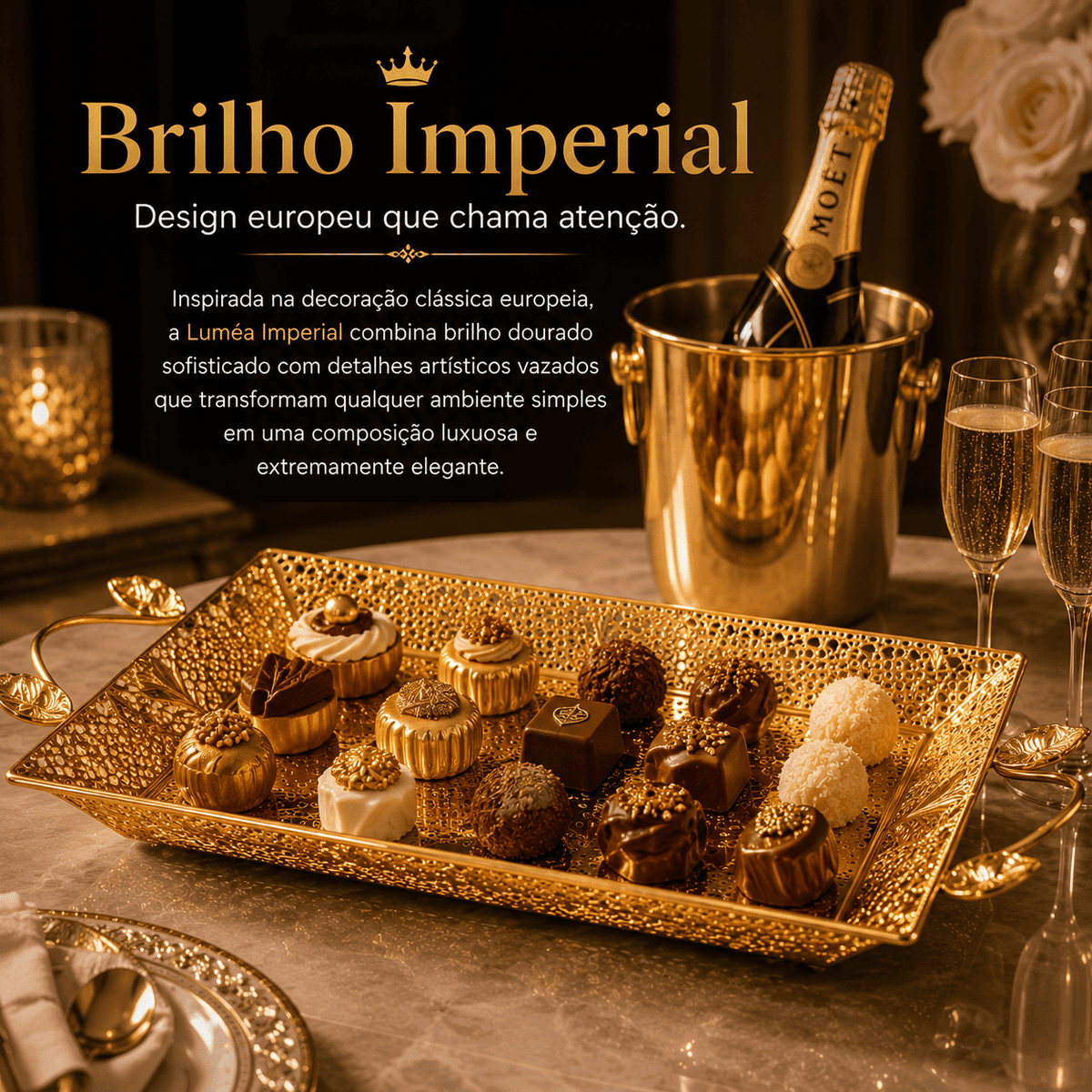Luméa Imperial™ | Bandeja Decorativa Luxo Dourada Europeia Para Mesa Posta, Frutas e Decoração Sofisticada