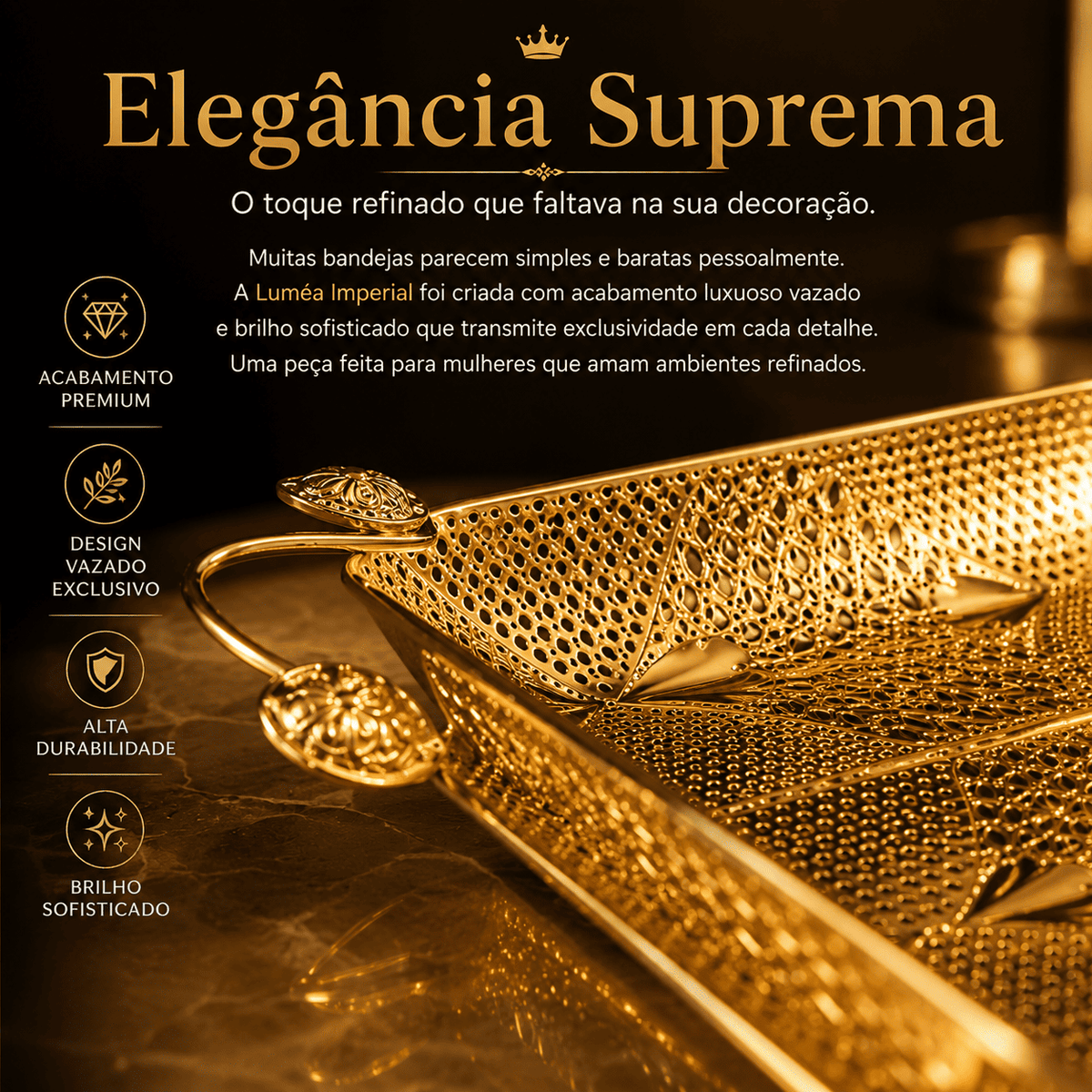 Luméa Imperial™ | Bandeja Decorativa Luxo Dourada Europeia Para Mesa Posta, Frutas e Decoração Sofisticada