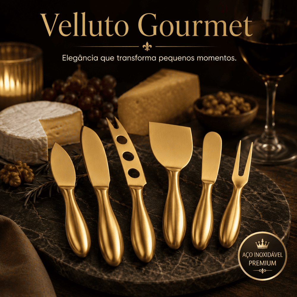 Conjunto de Corte de Queijo em Inox Dourado | Velluto Gourmet